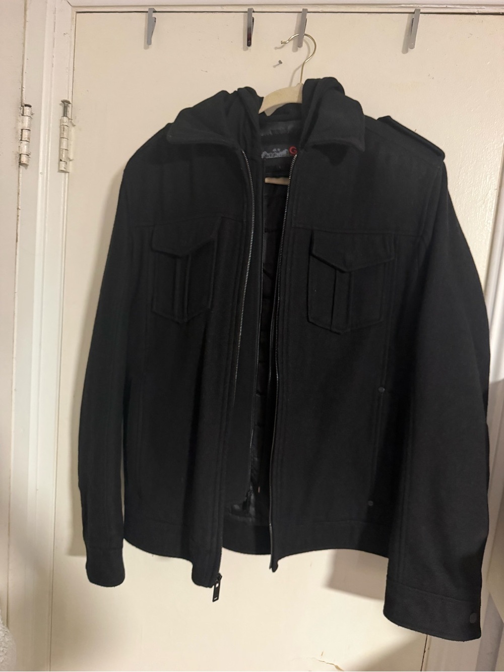 GUESS Men Black Wool Blend Field Jacket with Zip-Out Hooded Bib - Size L